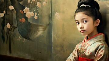 ai gegenereerd jong meisje in kimono bewonderend traditioneel schilderij foto
