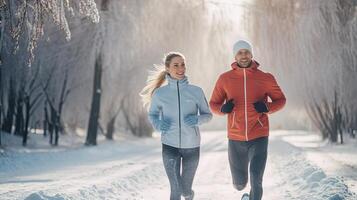 ai gegenereerd actief paar rennen samen in winter sneeuw foto