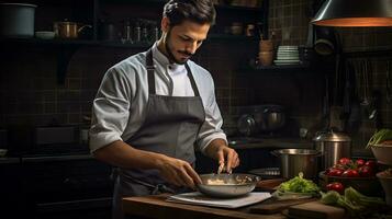 ai gegenereerd professioneel chef Koken in de keuken foto