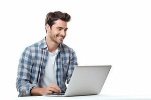 ai gegenereerd jong gelukkig Mens in werking laptop Aan geïsoleerd wit achtergrond foto