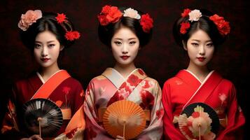 ai gegenereerd geisha meisjes in kimono's met bloemen accenten foto
