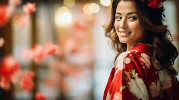 ai gegenereerd elegant vrouw in rood kimono met bloem versiering foto