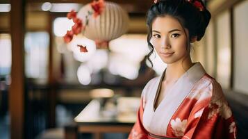 ai gegenereerd vrouw in kimono met lantaarns foto