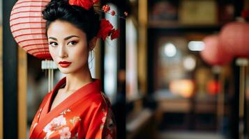 ai gegenereerd vrouw in rood kimono en rood paraplu foto