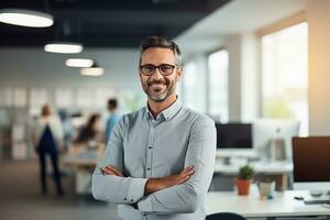 ai gegenereerd portret van senior zakenman in de kantoor foto