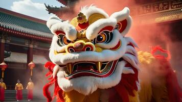 ai gegenereerd Chinese leeuw dans in de tempel foto