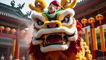 ai gegenereerd Chinese leeuw dans in de tempel foto
