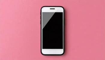 ai gegenereerd mobiel telefoon bespotten omhoog Aan roze oppervlakte foto