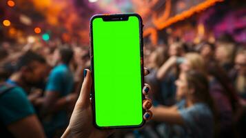 ai gegenereerd subjectief visie van een hand- Holding een mobiel telefoon met groene scherm voor veranderen de Scherm inhoud foto