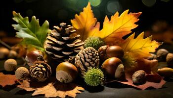 ai gegenereerd eikels, pijnboom appels en herfst bladeren in de gouden achtergrondverlichting foto