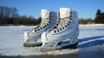 ai gegenereerd een paar- van wit ijs skates staan in de zonlicht Aan een ijs oppervlakte foto