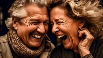 ai gegenereerd een gepensioneerd paar zetten hun hoofden samen en giechelen hartelijk en in liefde foto