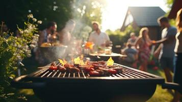 ai gegenereerd barbecue partij achtertuin, een barbecue bord Bij een partij tussen vrienden of familie, ai generatief foto