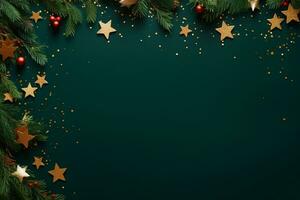 ai gegenereerd Kerstmis vakantie samenstelling van Spar boom takken met kerstballen en cadeaus kopiëren ruimte foto