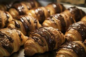 ai gegenereerd chocola croissants in bakkerij. ai gegenereerd. foto