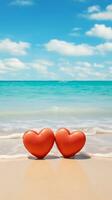 ai gegenereerd twee rood harten Aan de zand tegen de achtergrond van de oceaan Aan een zonnig dag foto