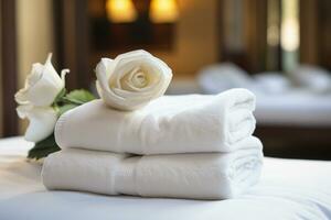 ai gegenereerd stack van netjes gevouwen wit handdoeken Aan een bed in een hotel kamer foto