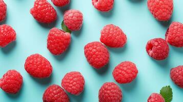 ai gegenereerd rijp framboos fruit Aan een blauw achtergrond foto