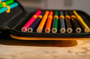 veelkleurig potloden in een schooljongen potlood geval foto