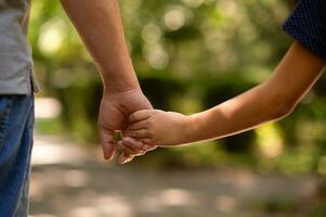 de vader hand- gehouden strak de hand- van zijn weinig zoon tegen de achtergrond van groen gebladerte, detailopname foto