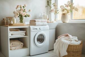 ai gegenereerd helder, knus badkamer met een het wassen machine en een stack van wit handdoeken door de wastafel foto