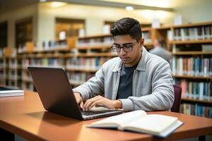 ai gegenereerd jong leerling persoon aan het studeren met laptop en boek in de school- bibliotheek, aan het leren online. generatief ai foto