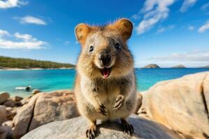 ai gegenereerd een blij quokka nodigt uit u naar bezoek rottnest eiland in perth, Australië. generatief ai foto
