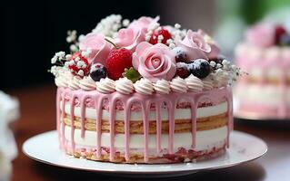 ai gegenereerd een kleurrijk verjaardag roze taart en heel heerlijk naar eten foto