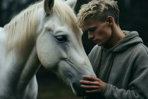 ai gegenereerd aanhankelijk Mens aanraken paard. genereren ai foto