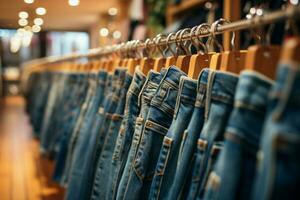 ai gegenereerd denim Scherm jeans Aan hangers in kleding op te slaan, winkelcentrum mode foto