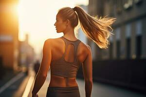 ai gegenereerd gelukkig vrouw jogging in stad, portret van rennen, gezond levensstijl concept. ai generatief foto