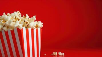 ai gegenereerd gestreept doos met popcorn Aan de rood achtergrond, kopiëren ruimte. tussendoortje, film, film, bioscoop foto