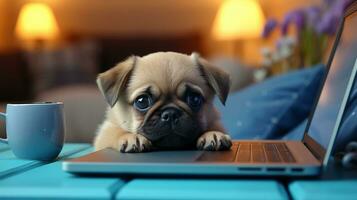 ai gegenereerd schattig mopshond puppy ai gegenereerd laptop sjabloon foto