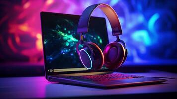 ai gegenereerd pro gamer koptelefoon neon ai gegenereerd laptop sjabloon foto