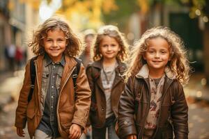 ai gegenereerd een groep van junior schoolkinderen wandelingen naar beneden de straat met rugzakken foto