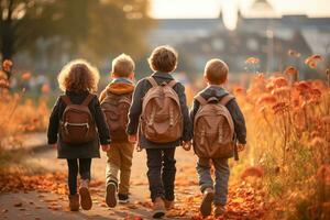 ai gegenereerd schoolkinderen zijn wandelen naar beneden de straat. terug visie. foto