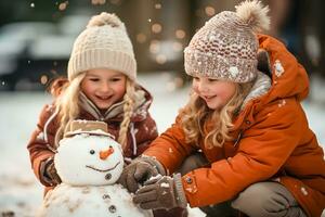 ai gegenereerd kinderen bouwen sneeuwman buiten in vallend sneeuw foto