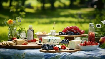 ai gegenereerd watermeloen gazon picknick voedsel foto