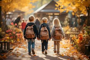 ai gegenereerd schoolkinderen zijn wandelen naar beneden de straat. terug visie. foto