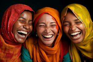 ai gegenereerd Indisch en Amerikaans Dames glimlachen samen verscheidenheid concept met generatief ai foto