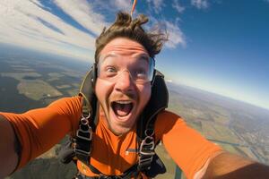 ai gegenereerd een Mens nemen een selfie terwijl Parachutespringen met gegenereerd ai foto