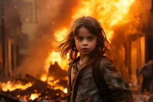 ai gegenereerd een jong meisje staand in voorkant van een brandend gebouw bokeh stijl achtergrond met generatief ai foto