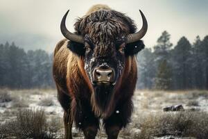 ai gegenereerd stier staand in de sneeuw weer bokeh stijl achtergrond met generatief ai foto