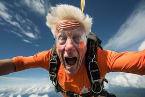 ai gegenereerd een oud Mens nemen een selfie terwijl Parachutespringen met gegenereerd ai foto