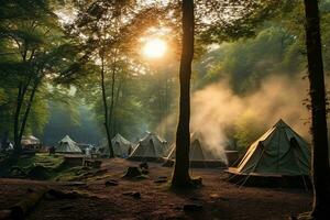 ai gegenereerd milieuvriendelijk camping in dicht Woud duurzame leven en natuur behoud foto