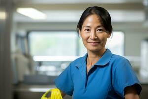 ai gegenereerd een portret van Aziatisch huishoudster glimlachen in haar werkplaats bokeh stijl achtergrond met generatief ai foto