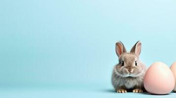 ai gegenereerd Pasen konijn konijn met kleurrijk ei Aan pastel voorjaar achtergrond, perfect voor tekst plaatsing foto