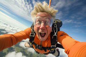ai gegenereerd een oud Mens nemen een selfie terwijl Parachutespringen met gegenereerd ai foto