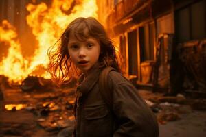ai gegenereerd een jong meisje staand in voorkant van een brandend gebouw bokeh stijl achtergrond met generatief ai foto