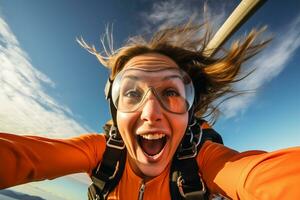 ai gegenereerd een vrouw aan het doen selfie terwijl solo Parachutespringen met gegenereerd ai foto